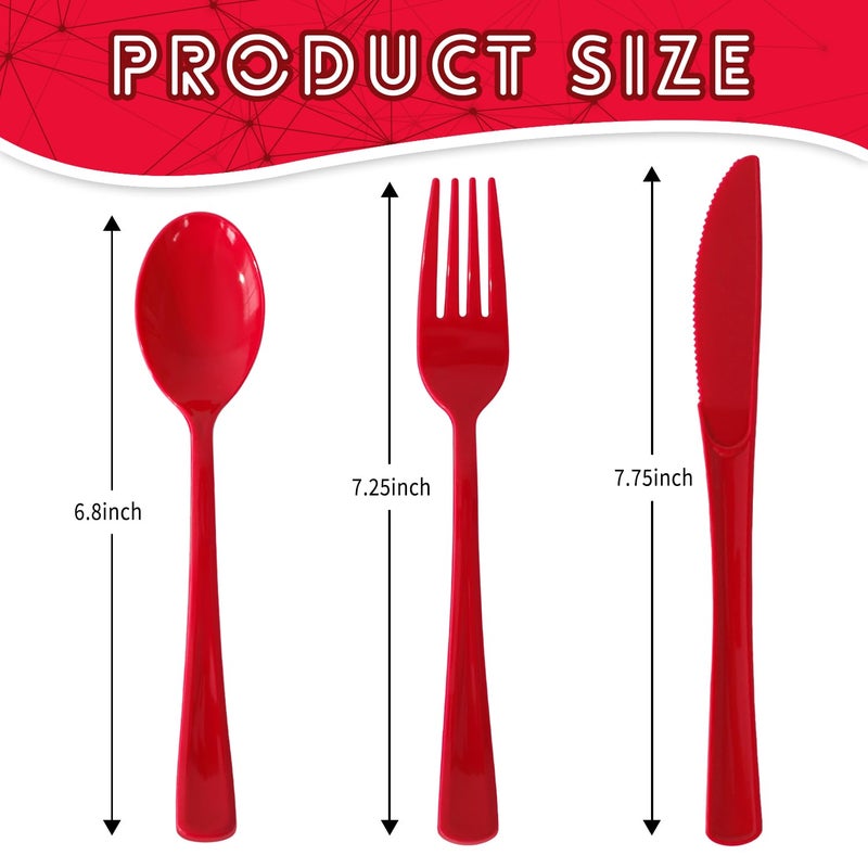 JSQBSECL 150 Pack Plastic Silverware Disposable Cutlery Set Heavy Duty Utensil Sets 50 Forks 50 Knives 50 Spoons for Brithday  Wedding Home Office School Party Picnics (Red) - Image 1