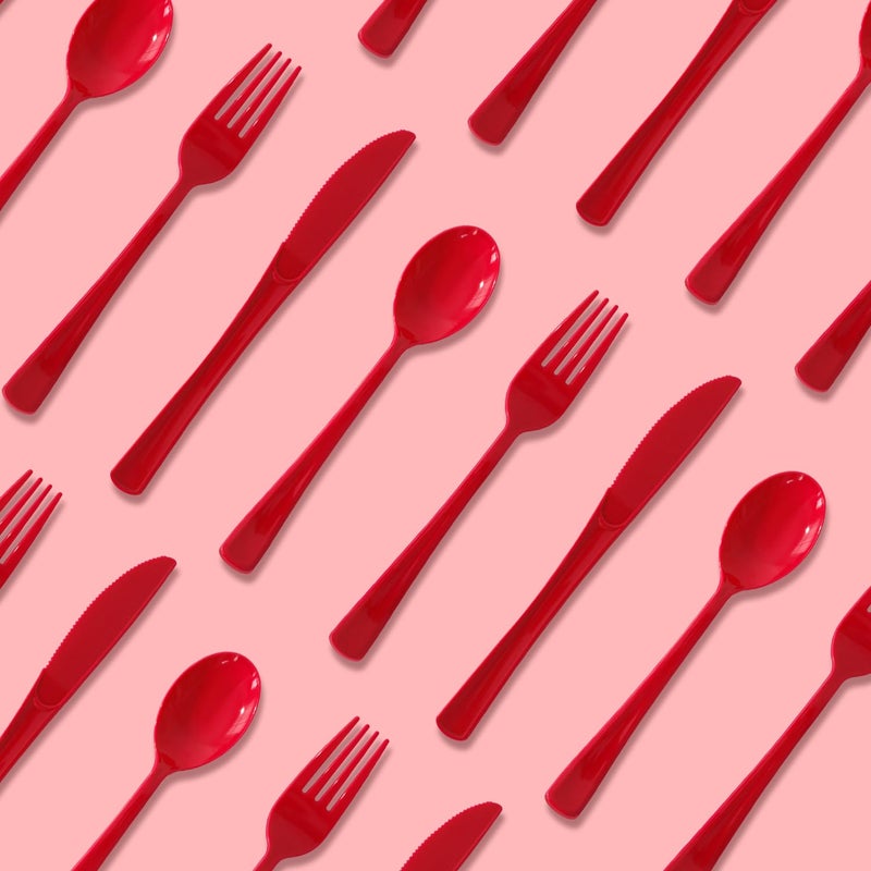 JSQBSECL 150 Pack Plastic Silverware Disposable Cutlery Set Heavy Duty Utensil Sets 50 Forks 50 Knives 50 Spoons for Brithday  Wedding Home Office School Party Picnics (Red) - Image 3