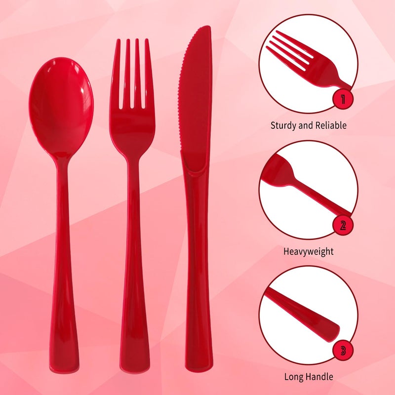 JSQBSECL 150 Pack Plastic Silverware Disposable Cutlery Set Heavy Duty Utensil Sets 50 Forks 50 Knives 50 Spoons for Brithday  Wedding Home Office School Party Picnics (Red) - Image 2