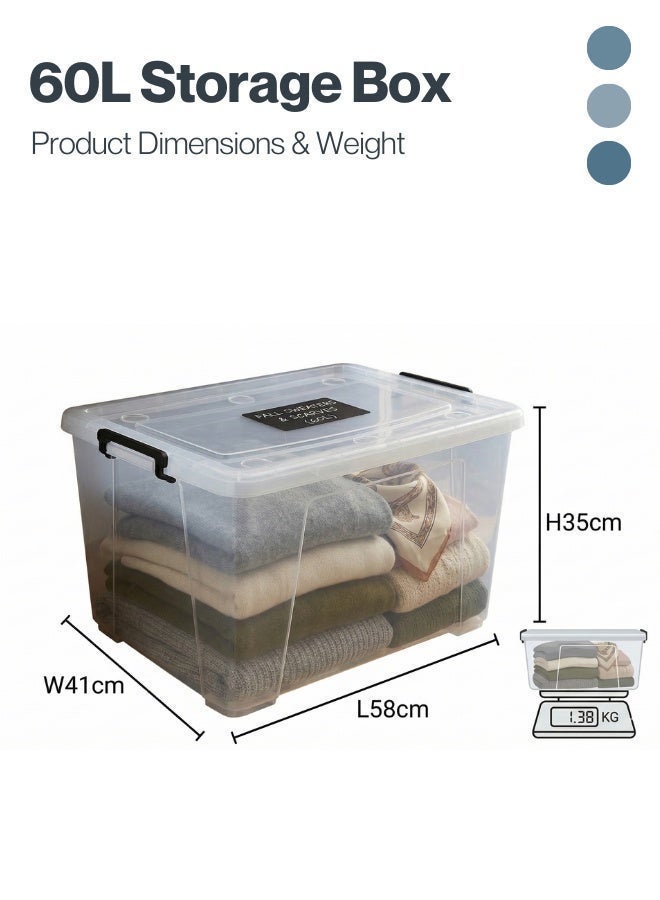 Marcolo Storage Box 60L Transparent Plastic Organizer with Wheels and Lid Multipurpose Storage Container - Image 5