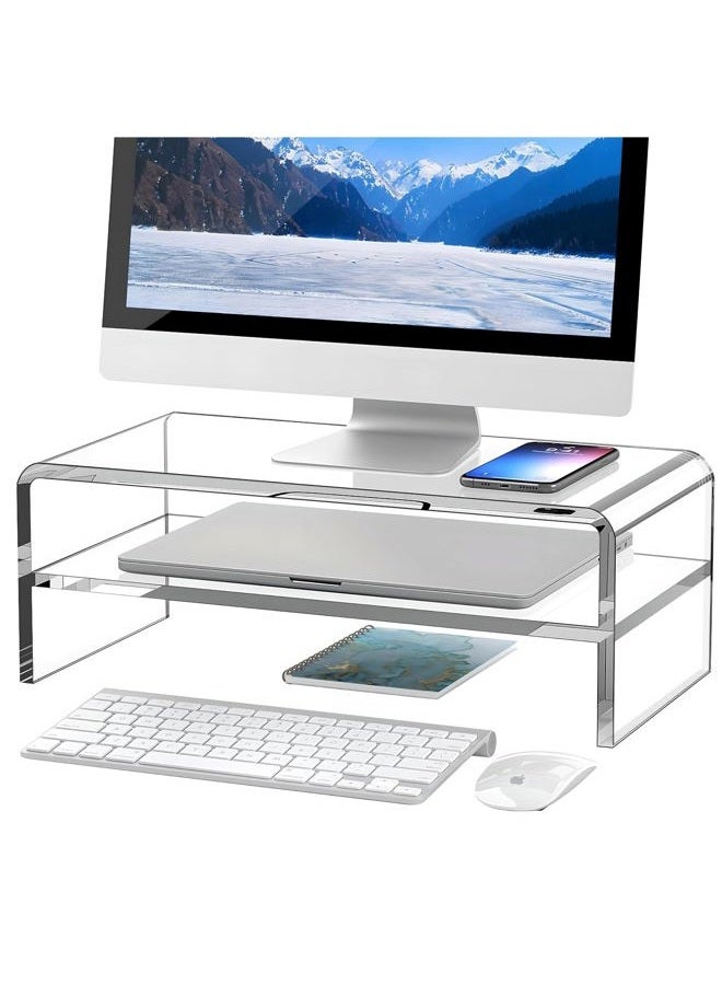 Egchi Clear Acrylic Monitor Stand Riser 2 Tier, 5.5 Inches High Clear Computer Desk Organizer Shelf for Multi Media PC Storage Laptop - Image 1