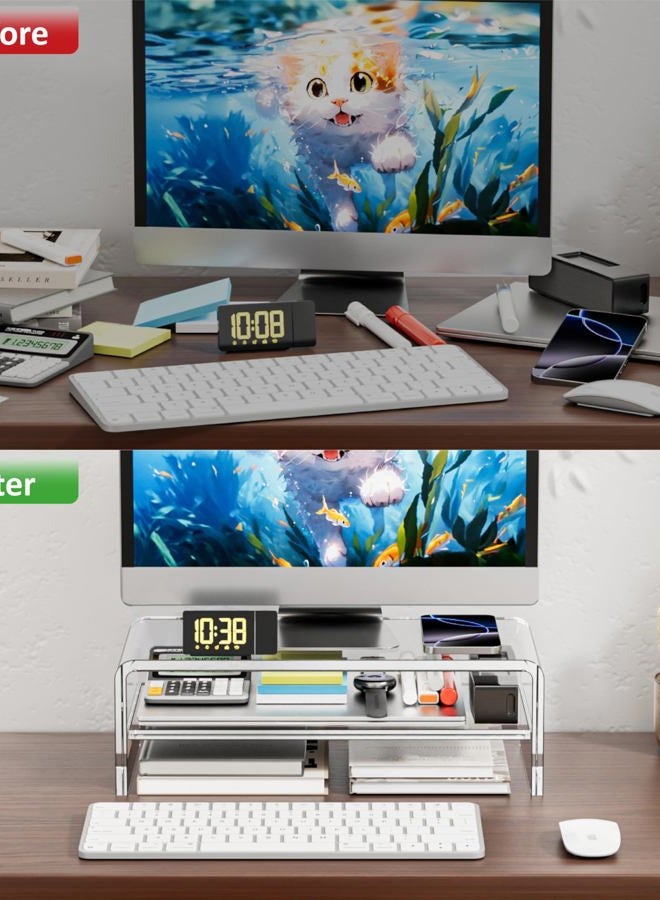 Egchi Clear Acrylic Monitor Stand Riser 2 Tier, 5.5 Inches High Clear Computer Desk Organizer Shelf for Multi Media PC Storage Laptop - Image 4