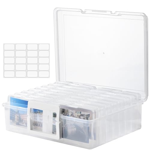 ALINK Photo Storage Box with Handle, 4" x 6" Photo Case Craft Keeper Organizer Container with 16 Inner Case and Label for Pictures, Arts, Crafts, Sewing, Stickers, Office Supplies - Clear - Image 1