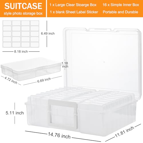 ALINK Photo Storage Box with Handle, 4" x 6" Photo Case Craft Keeper Organizer Container with 16 Inner Case and Label for Pictures, Arts, Crafts, Sewing, Stickers, Office Supplies - Clear - Image 2