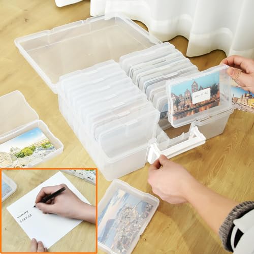 ALINK Photo Storage Box with Handle, 4" x 6" Photo Case Craft Keeper Organizer Container with 16 Inner Case and Label for Pictures, Arts, Crafts, Sewing, Stickers, Office Supplies - Clear - Image 3