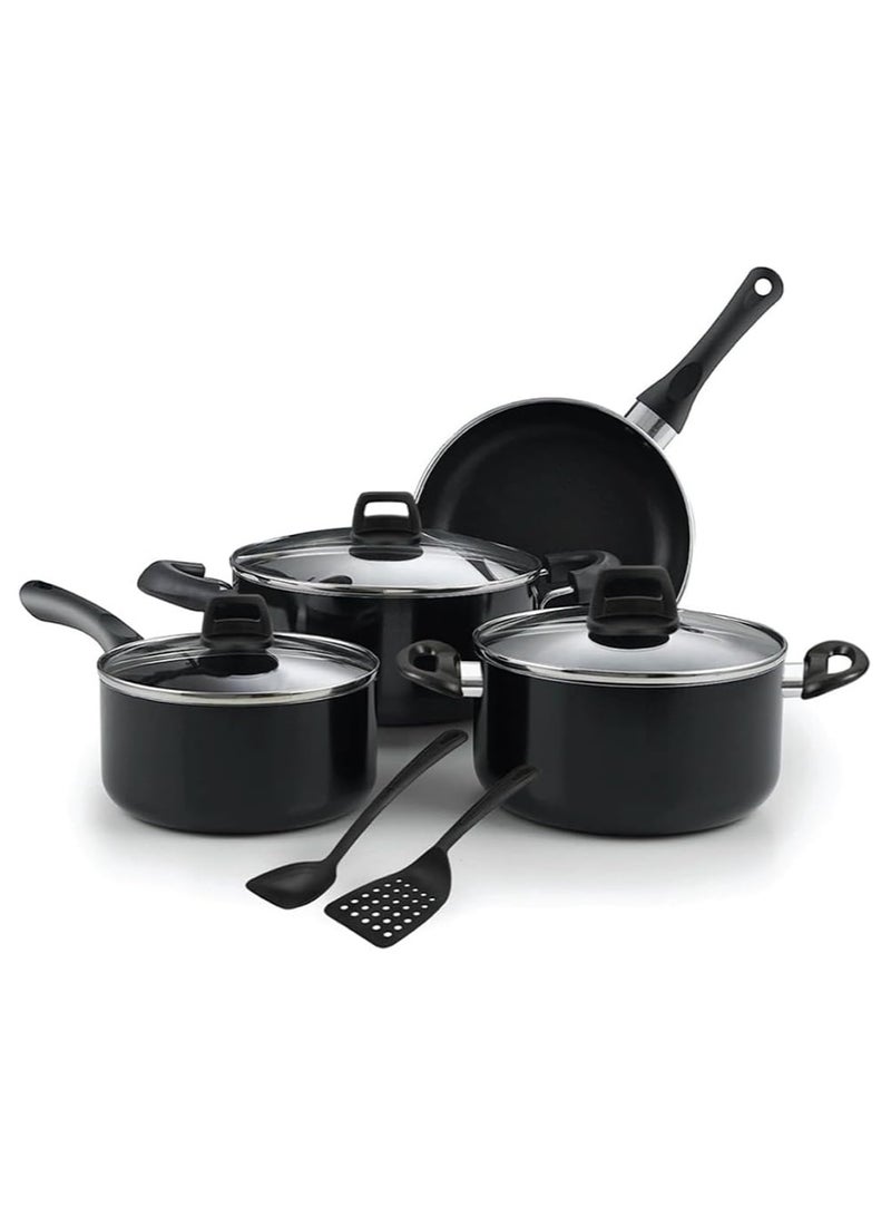 Black Non-Stick Beren 9 Piece Cookware Set with Vented Clear Glass Lids, Complete Kitchen Collection Including Casserole Pots, Saucepan, Fry Pan, and Cooking Utensils Made in Turkey