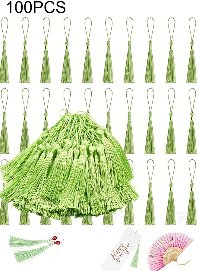 Happy D 100 pieces of light green 13cm/5-inch silk handmade soft tassel bookmarks with cord loops, for jewelry making DIY craft accessories - Image 1
