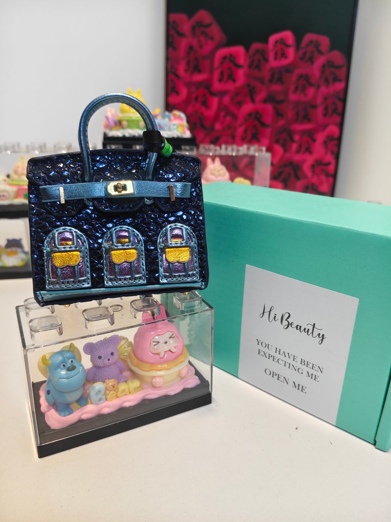 Moonlight Blue Mini House Bag Charm, Earphone Storage Pouch, Decorative Keychain Ornament, Desktop Collectible Display Decoration for Bags, Free Acrylic Box Included - Image 3