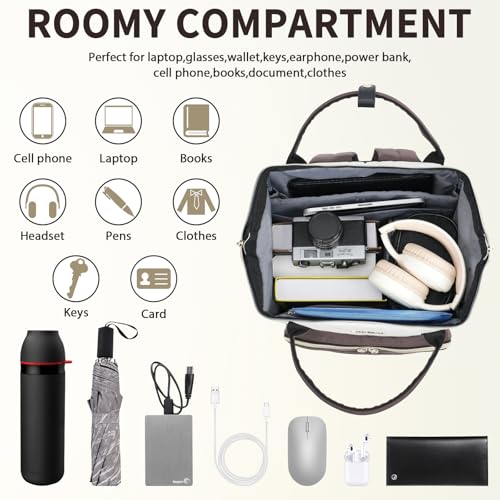 VANKEAN 17 Inch Laptop Backpack for Women Fashion Computer Work Bag, Large Capacity Waterproof Backpack, College Daypack Business Travel, Beige-Coffee - Image 5
