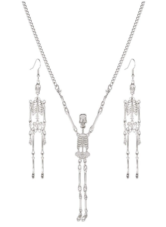 مولوك طقم أقراط وقلادة هيكل عظمي من مولوخ للهالوين، أقراط متدلية على شكل جمجمة مخيفة، قلادة طويلة، مجوهرات تنكرية لحفلات الهالوين، هدية للنساء (فضي) - Image 1