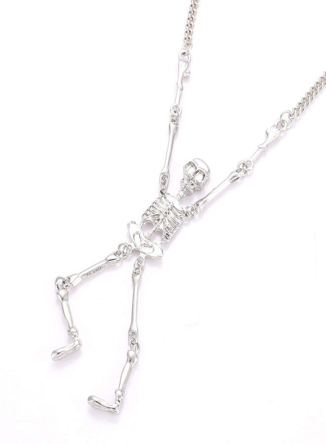 مولوك طقم أقراط وقلادة هيكل عظمي من مولوخ للهالوين، أقراط متدلية على شكل جمجمة مخيفة، قلادة طويلة، مجوهرات تنكرية لحفلات الهالوين، هدية للنساء (فضي) - Image 4