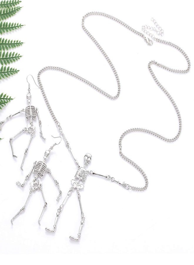مولوك طقم أقراط وقلادة هيكل عظمي من مولوخ للهالوين، أقراط متدلية على شكل جمجمة مخيفة، قلادة طويلة، مجوهرات تنكرية لحفلات الهالوين، هدية للنساء (فضي) - Image 3