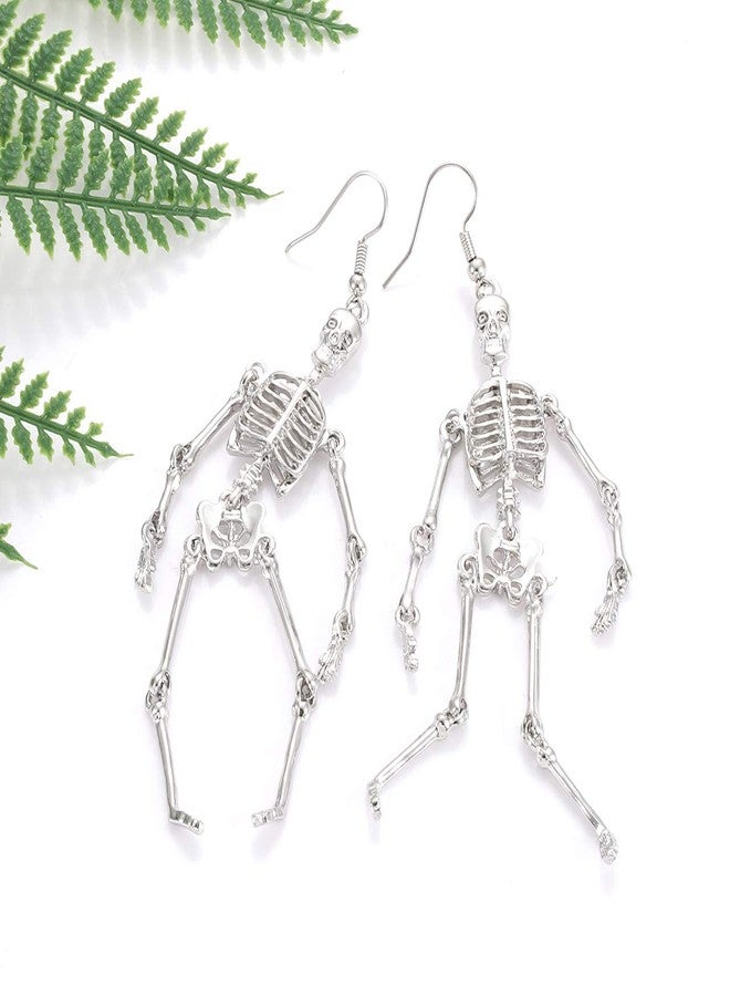 مولوك طقم أقراط وقلادة هيكل عظمي من مولوخ للهالوين، أقراط متدلية على شكل جمجمة مخيفة، قلادة طويلة، مجوهرات تنكرية لحفلات الهالوين، هدية للنساء (فضي) - Image 5