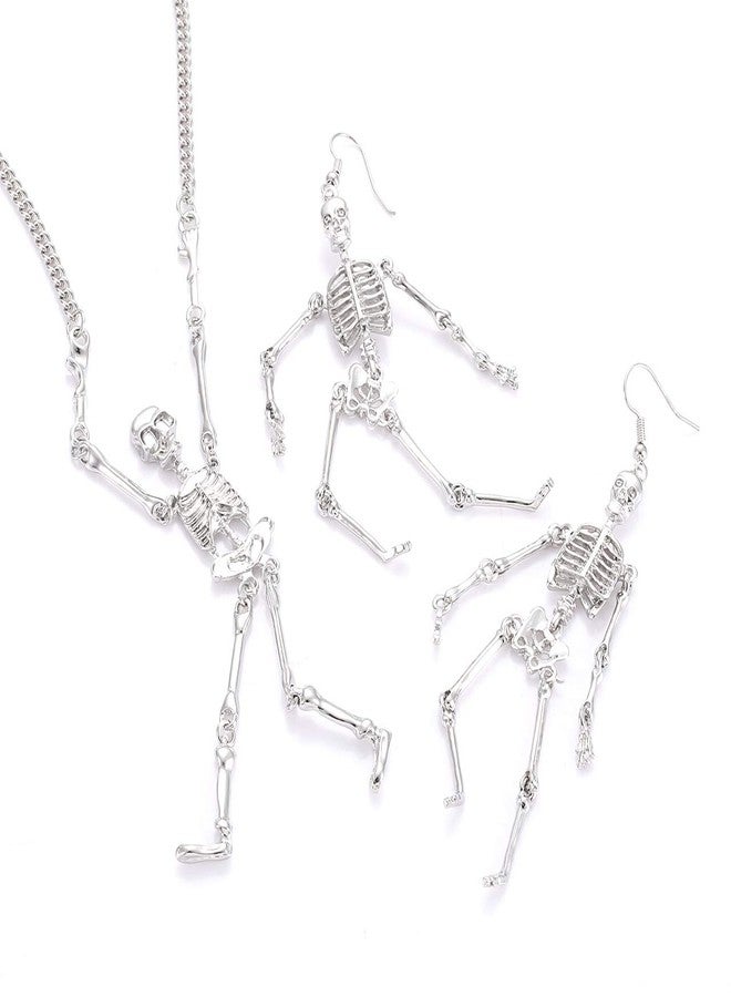 مولوك طقم أقراط وقلادة هيكل عظمي من مولوخ للهالوين، أقراط متدلية على شكل جمجمة مخيفة، قلادة طويلة، مجوهرات تنكرية لحفلات الهالوين، هدية للنساء (فضي) - Image 2