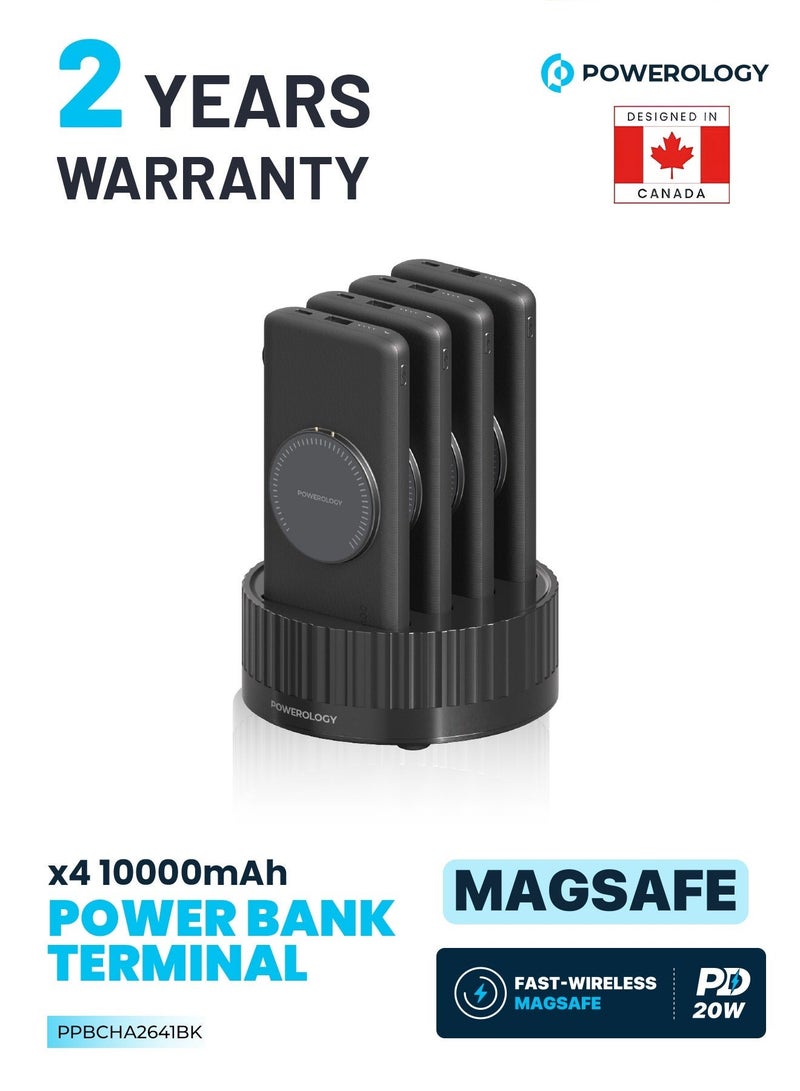 باورولوجي محطة طاقة 4 × 10000mAh بنك طاقة MagSafe، شاحن محمول لاسلكي مع شحن سريع، شحن سلكي PD 20W للهواتف المحمولة، منافذ USB-A/USB-C وكابلات Type-C/Lightning - باللون الأسود - Image 1