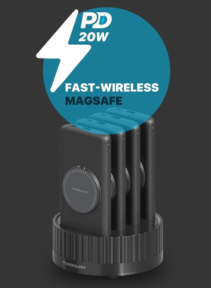 باورولوجي محطة طاقة 4 × 10000mAh بنك طاقة MagSafe، شاحن محمول لاسلكي مع شحن سريع، شحن سلكي PD 20W للهواتف المحمولة، منافذ USB-A/USB-C وكابلات Type-C/Lightning - باللون الأسود - Image 4