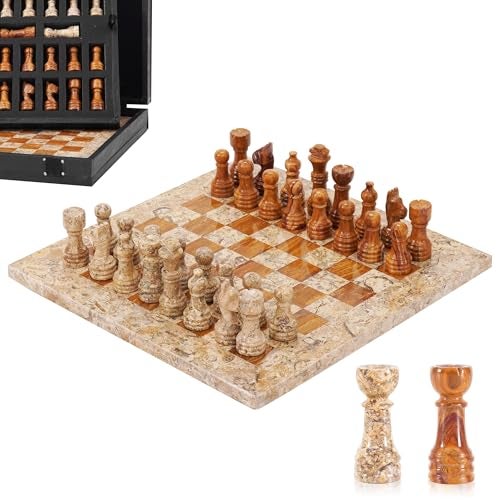 MARBLE RANGE Marble Chess Set for Adults 10 Handmade Coral Dark Brown Board Game with 32 Chess Pieces 2 Extra Queens Storage Box Luxury Travel Game Elegant for Home Decor - Image 1