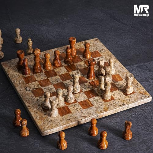 MARBLE RANGE Marble Chess Set for Adults 10 Handmade Coral Dark Brown Board Game with 32 Chess Pieces 2 Extra Queens Storage Box Luxury Travel Game Elegant for Home Decor - Image 5