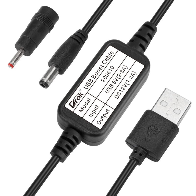 DROK USB to 12v, 5v to 12v USB Boost Converter, USB Cable DC 5v Step Up to 12v, 1A Power Regulator Line with 5.5mm Port 1.2 Meter Length - Image 1