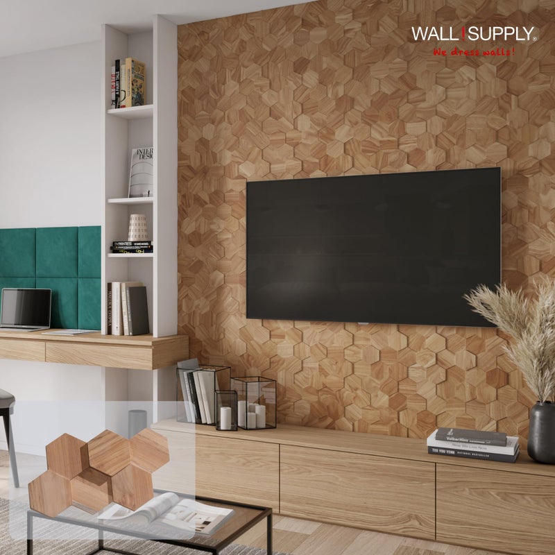 Wall!Supply 3D Wall Panels â€“ Reclaimed Hexagon Asian Teak Wood in Natural â€“ Home Decor Wallpaper Alternative for Living Room, Bedroom & Office â€“ Easy DIY Installation â€“ 25 Pack, Covers 10.5 Sq Ft - Image 2