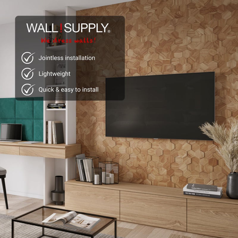 Wall!Supply 3D Wall Panels â€“ Reclaimed Hexagon Asian Teak Wood in Natural â€“ Home Decor Wallpaper Alternative for Living Room, Bedroom & Office â€“ Easy DIY Installation â€“ 25 Pack, Covers 10.5 Sq Ft - Image 3