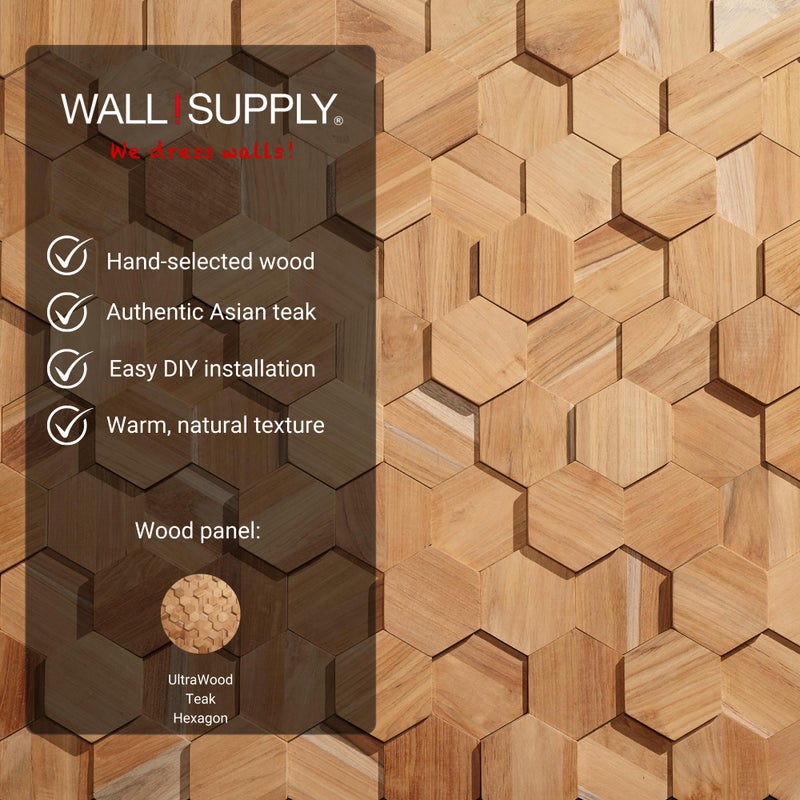 Wall!Supply 3D Wall Panels â€“ Reclaimed Hexagon Asian Teak Wood in Natural â€“ Home Decor Wallpaper Alternative for Living Room, Bedroom & Office â€“ Easy DIY Installation â€“ 25 Pack, Covers 10.5 Sq Ft - Image 4
