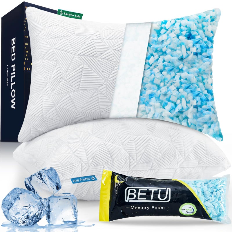 BETU Cooling Pillows Queen Size Set of 2, Shredded Memory Foam Pillows Cool for Hot Sleepers, Adjustable Firm Soft Support Bed Pillows Perfect for Back Neck Pain and Side Sleeping with Cover, White - Image 1