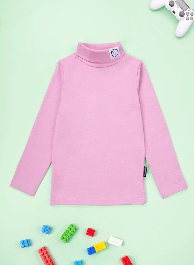 KiddoPanti تيشيرت قطني للجنسين من كيدوبانتي، بياقة عالية وأكمام طويلة، مزين برقعة وجه مبتسم، لون وردي فاتح - 3-4 سنوات - Image 3