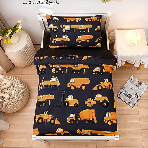 NTBED 4 Pieces Construction Toddler Bedding Set for Baby Boys, Truck Vehicles Excavator Cars Printed, Includes Comforter, Flat Sheet, Fitted Sheet and Pillowcase,Black - Image 1