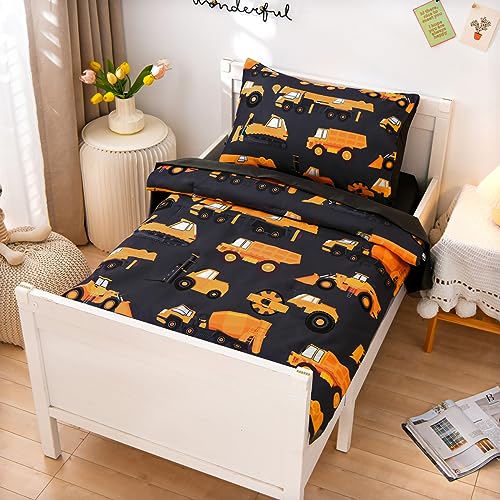 NTBED 4 Pieces Construction Toddler Bedding Set for Baby Boys, Truck Vehicles Excavator Cars Printed, Includes Comforter, Flat Sheet, Fitted Sheet and Pillowcase,Black - Image 2