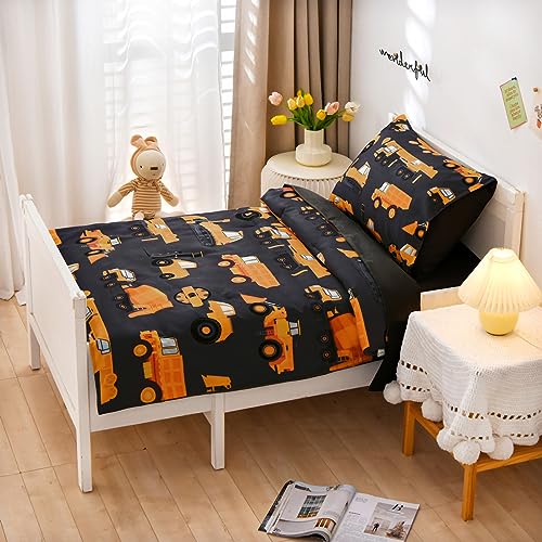 NTBED 4 Pieces Construction Toddler Bedding Set for Baby Boys, Truck Vehicles Excavator Cars Printed, Includes Comforter, Flat Sheet, Fitted Sheet and Pillowcase,Black - Image 3