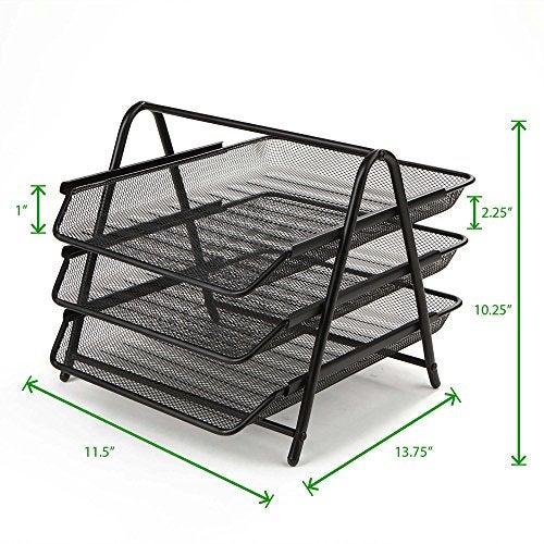 Handcuffs Office Desk Organizer File Organizer Rectangular Storage Rack With 3 Sliding Mesh Paper Trays For Letters Documents & Files (Black) - Image 3
