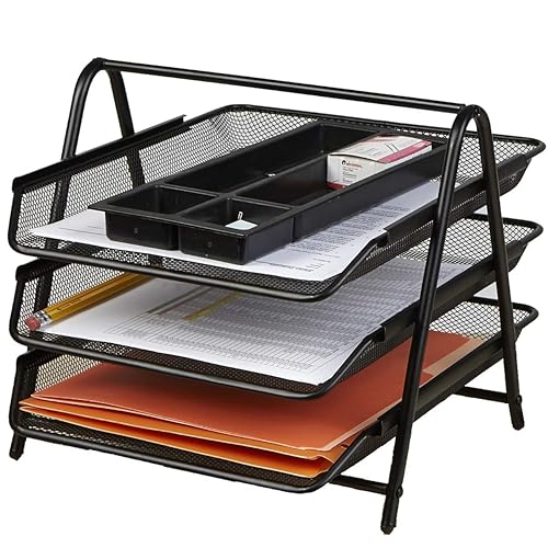 Handcuffs Office Desk Organizer File Organizer Rectangular Storage Rack With 3 Sliding Mesh Paper Trays For Letters Documents & Files (Black) - Image 1