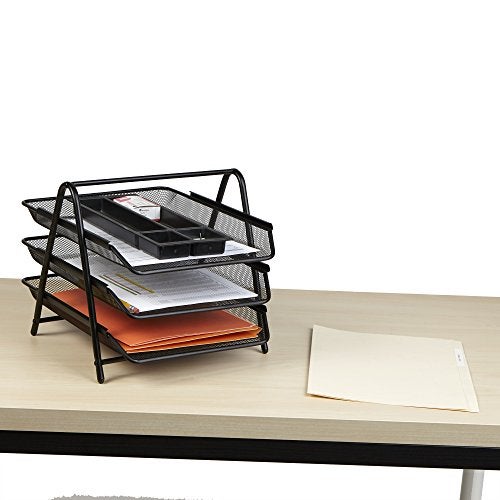 Handcuffs Office Desk Organizer File Organizer Rectangular Storage Rack With 3 Sliding Mesh Paper Trays For Letters Documents & Files (Black) - Image 2