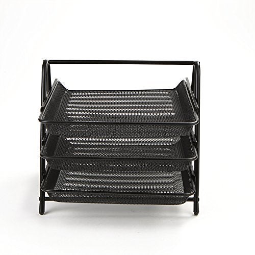 Handcuffs Office Desk Organizer File Organizer Rectangular Storage Rack With 3 Sliding Mesh Paper Trays For Letters Documents & Files (Black) - Image 4