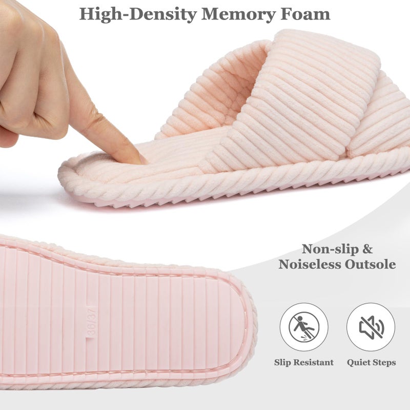 GOEWY House Slippers for Women Fuzzy Womens Slippers Indoor Outdoor Pink Open Toe With Cross Band Corduroy Memory Foam Warm Gifts for Woman Size 5.5 6.5 - Image 4