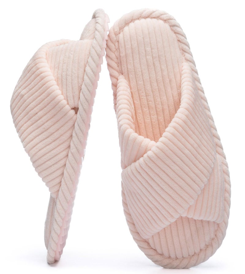 GOEWY House Slippers for Women Fuzzy Womens Slippers Indoor Outdoor Pink Open Toe With Cross Band Corduroy Memory Foam Warm Gifts for Woman Size 5.5 6.5 - Image 1