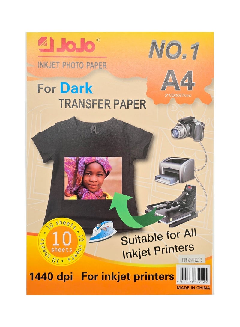 JOJO A4 Inkjet Transfer Paper for Dark Fabrics, Heat Transfer Sheets, 1440 DPI, 10 Sheets - Image 1