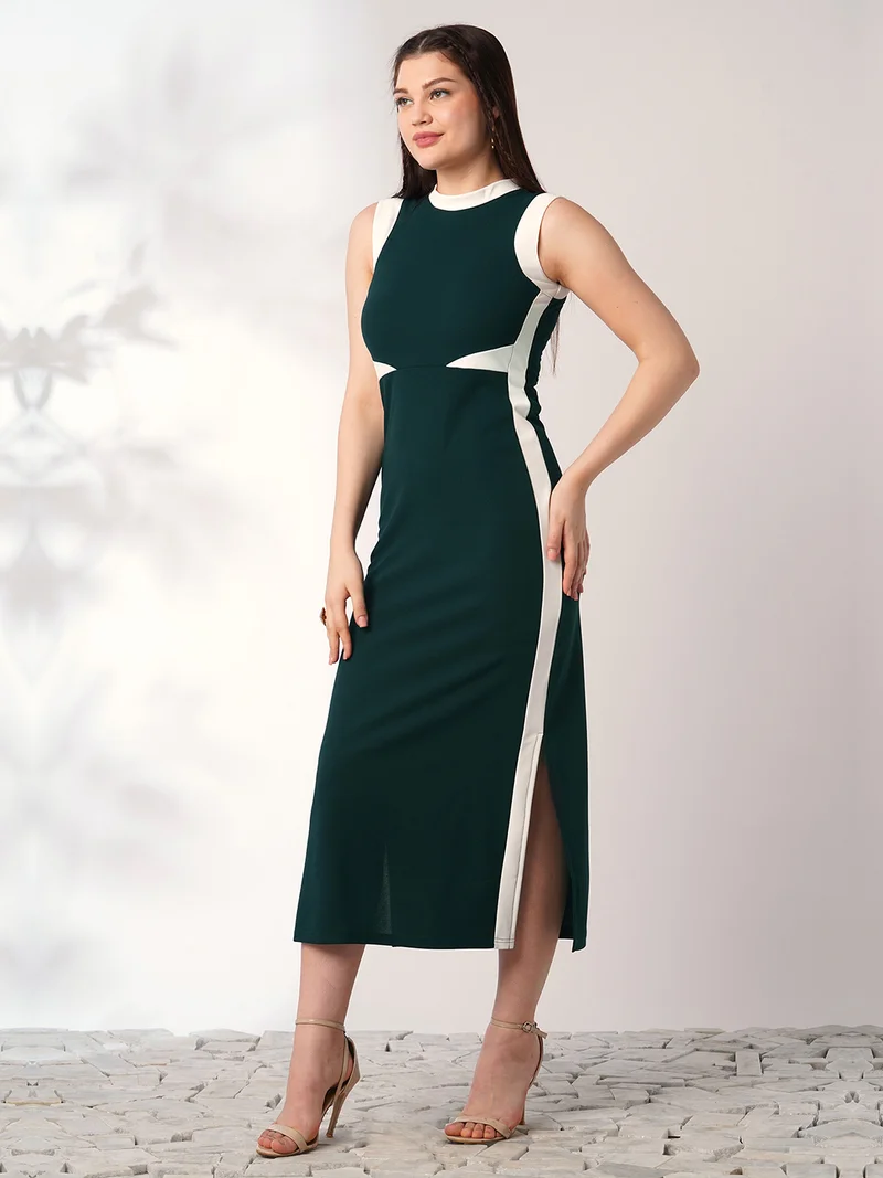 globus Globus Women Green Round Neck Sleeveless Colourblock Side Slit Midi Bodycon Workwear Dress