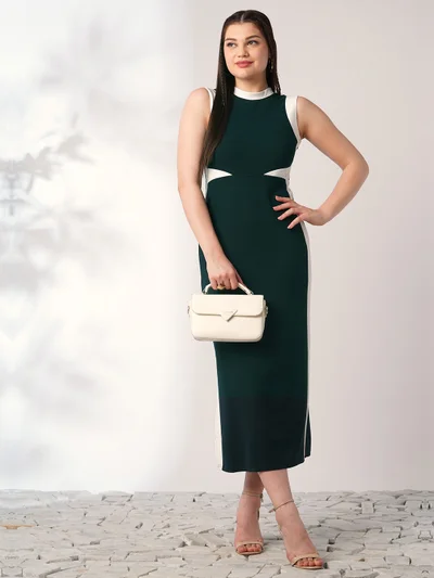 globus Globus Women Green Round Neck Sleeveless Colourblock Side Slit Midi Bodycon Workwear Dress