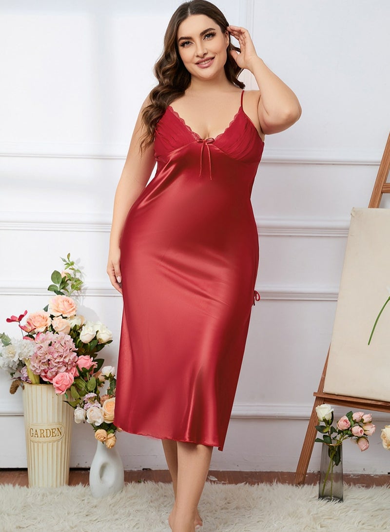 Loquat Women's Solid Color Nightgown Slip Dress Side Slit Nightdress Soft Loungewear Homewear Red  - Image 1