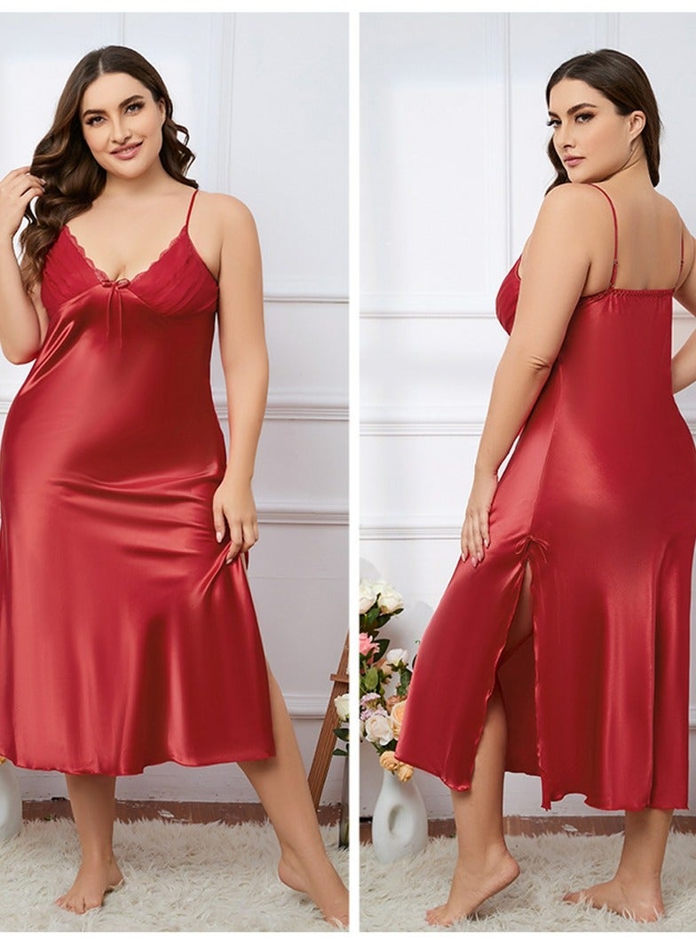 Loquat Women's Solid Color Nightgown Slip Dress Side Slit Nightdress Soft Loungewear Homewear Red  - Image 2