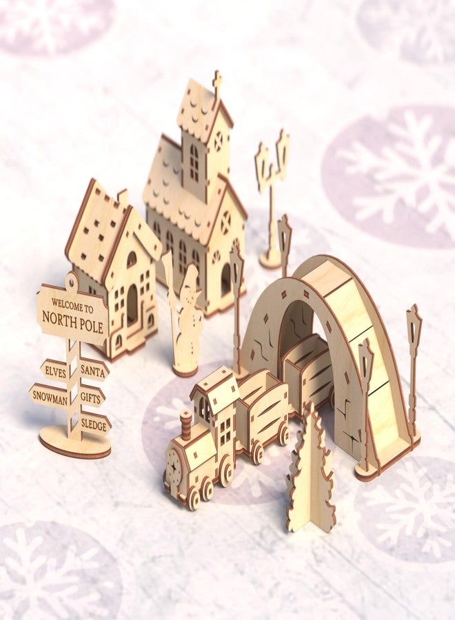 Raystar™ DIY Wooden North Pole Christmas Village Model Kit, Train with Tunnel, Houses and Signpost - Image 1