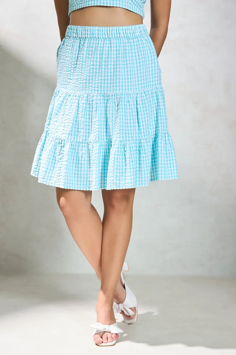 Virgio Checks Cotton Tiered Mini Skirt With Elastic for Women