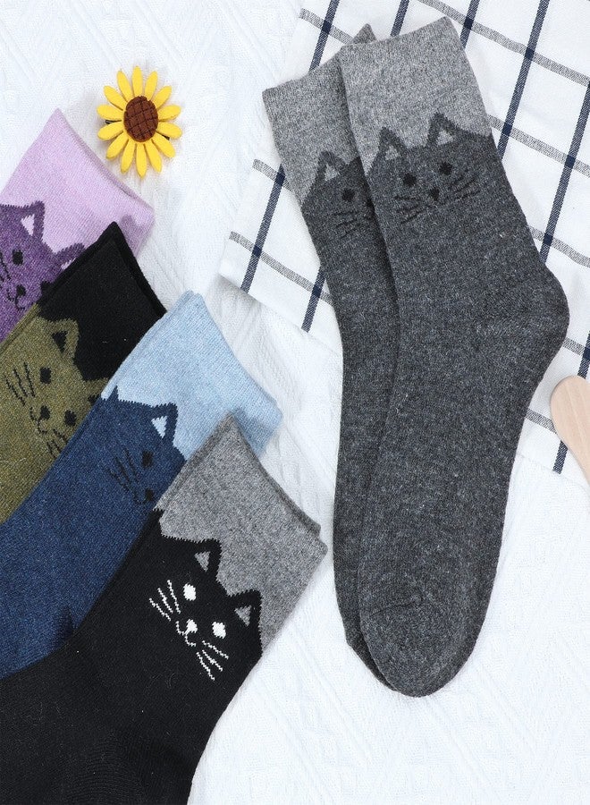Zando 5 Pairs Cat Socks Women Cute Socks Cat Socks for Women Size 6-9 Womens Wool Socks for Women Winter Socks Warm Socks Boot Socks for Women Thick Knit Cozy Socks Cat Gifts for Women - Image 4