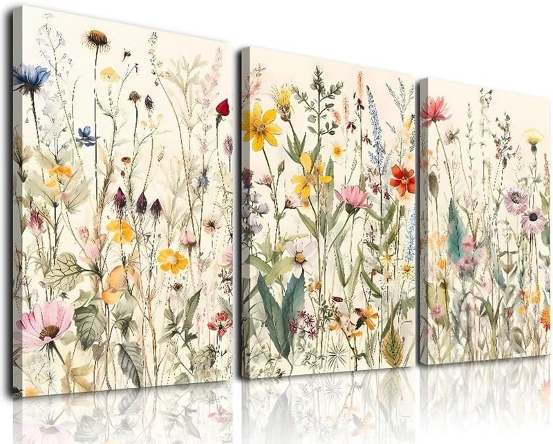 KBKBART Framed Canvas Wall Art Set of 3, Minimalist Flower Floral Wall Art Farmhouse Decor, Boho Style Wall Decor Watercolor Wildflower Paintings, Modern Colorful Botanical Flower Art Print for Bathroom, - Image 2