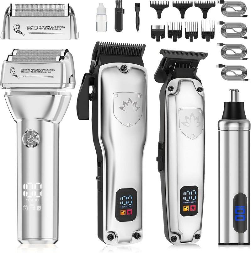 Hair Clippers for Men4 in 1 Professional Hair Clippers TBlade Trimmer Electric Foil Shaver Nose Hair Trimmer SetCordless Barber Hair Cutting Mens Grooming Kit LCD Display Gifts Silver