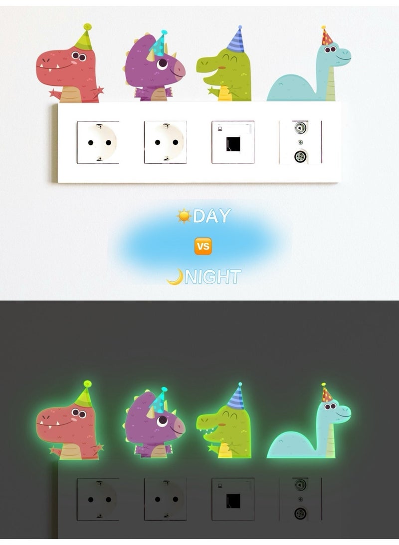 Luminous Dinosaur Light Switch Stickers 4Pcs, Removable PVC Wall Decals, Glow in The Dark Cartoon Socket Decor for Kids Bedroom, Home Decor - Image 1
