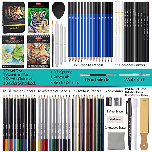 PANDAFLY 80 Pack Drawing Set Sketching Kit, Pro Art Supplies with 3-Color Sketchbook, Watercolor Pad, Colored, Graphite, Charcoal, Metallic Pencil, Christmas Gifts for Artist Beginner Kids Teen Girls - Image 2
