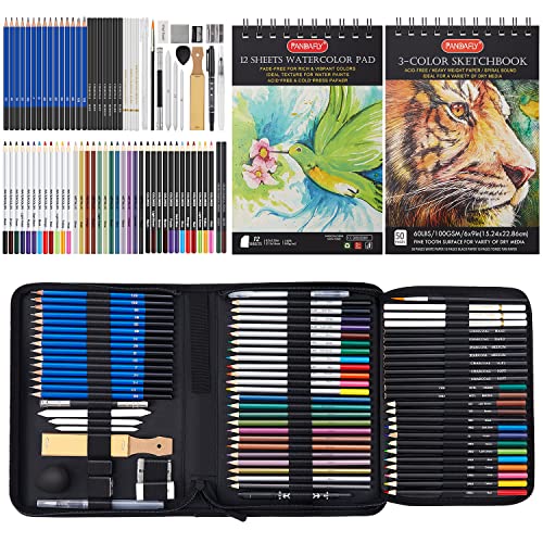 PANDAFLY 80 Pack Drawing Set Sketching Kit, Pro Art Supplies with 3-Color Sketchbook, Watercolor Pad, Colored, Graphite, Charcoal, Metallic Pencil, Christmas Gifts for Artist Beginner Kids Teen Girls - Image 1